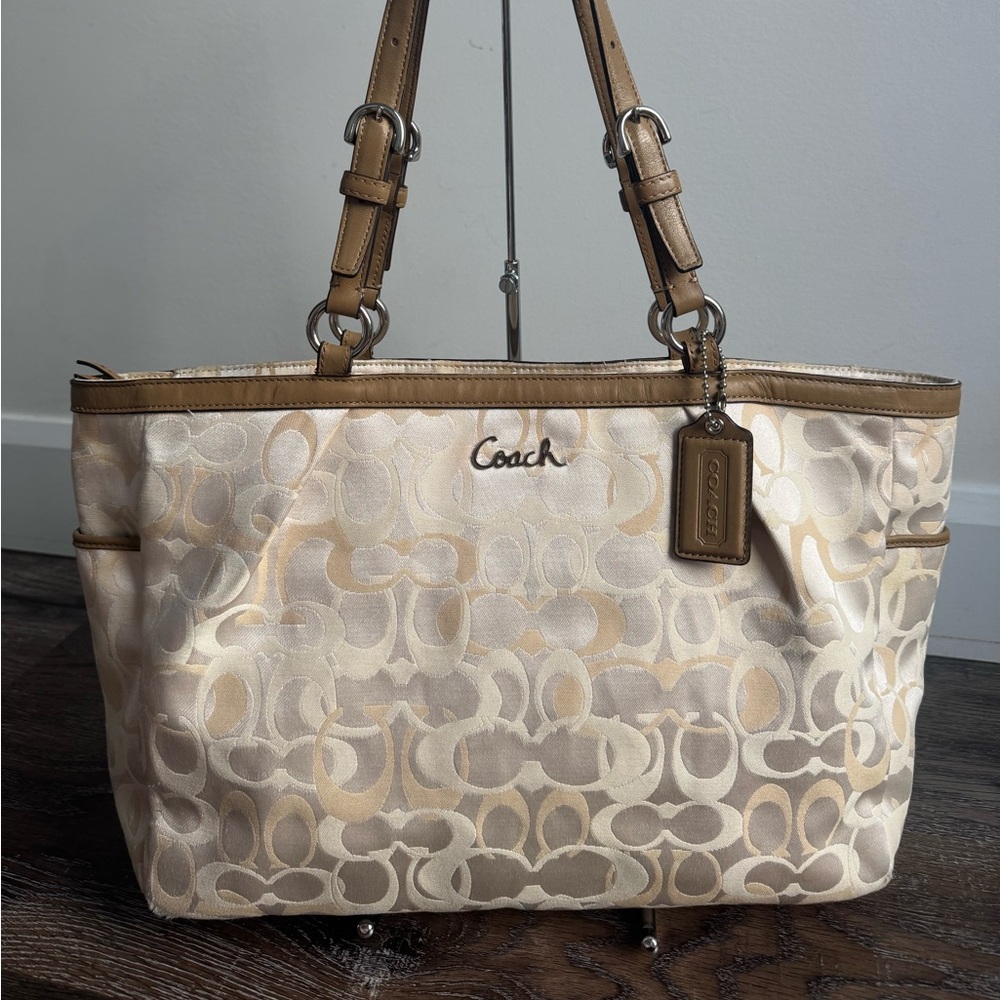 Coach Cream and Tan Signature Tote Bag